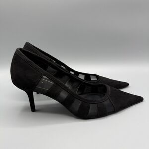 Zara Black Kitten Heels Pointed Toe Mesh Stripe Detailing Size EU 40 US 9